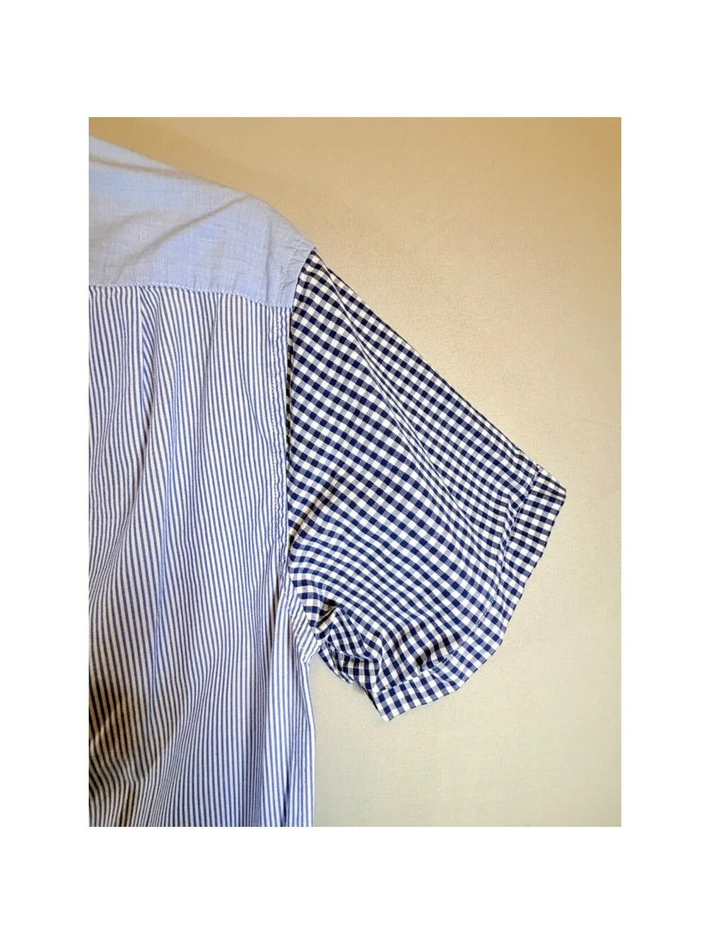 J.Crew Mens Mixed Pattern Patchwork Shirt Blue Gingham Stripe G5960 Small